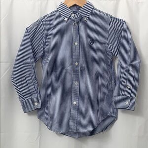 Boys Chaps Blue & White Striped Long Sleeve Button Down Shirt Size 7 EUC
